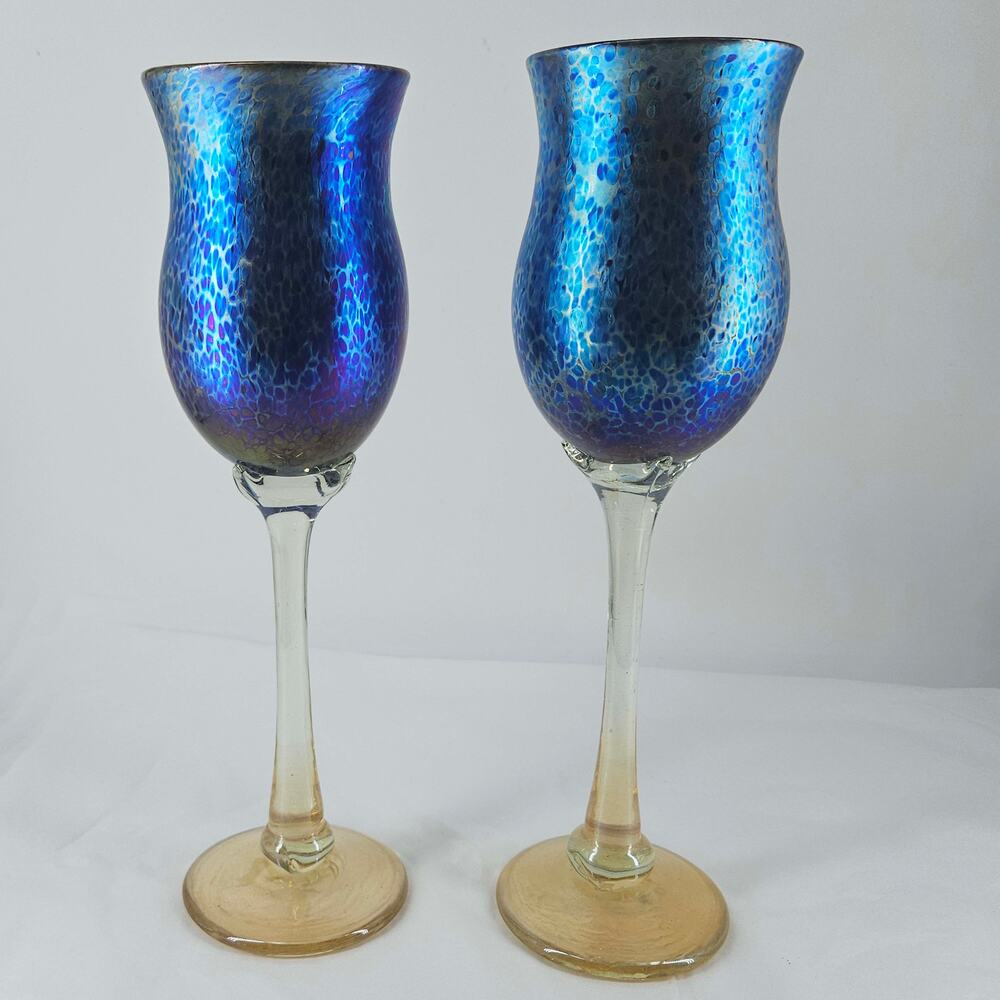 2 Slater Studio Hand Blown iridescent Blue Art Glass Tall Wine Goblets Glasses